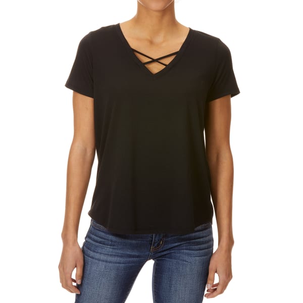 FEMME Women's Criss Cross V-Neck Short-Sleeve Melange Tee