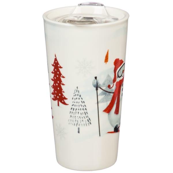 EVERGREEN ENTERPRISES Ceramic Snowman Skiing 17 oz. Travel Cup with Box