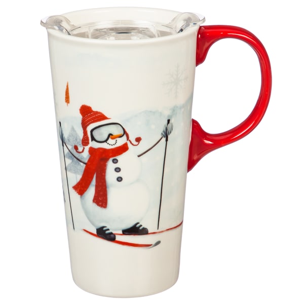 EVERGREEN ENTERPRISES Ceramic Snowman Skiing 17 oz. Travel Cup with Box