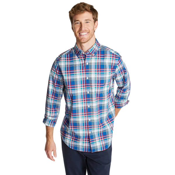 NAUTICA Men's Long-Sleeve Cotton Plaid Stretch Poplin Button Down