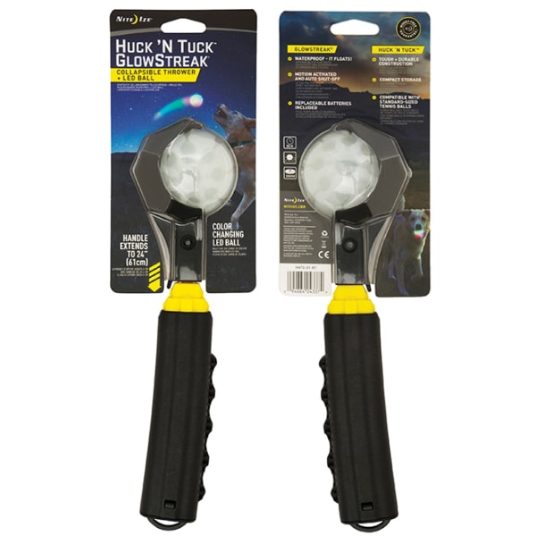 NITE IZE Huck 'N Tuck GlowStreak Collapsible Thrower & LED Ball Dog Toy