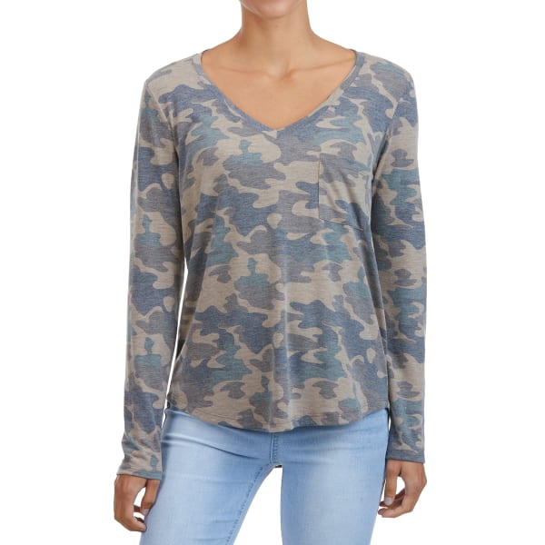 FEMME Women's Long-Sleeve V-Neck Camo Print Tee