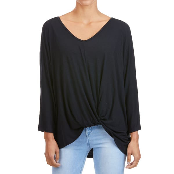 FEMME Women's 3/4 Dolman Sleeve High Low Twist Front Shirt