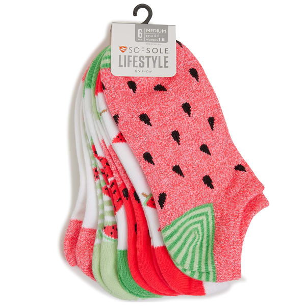 SOF SOLE Women's No Show Stay-Put Watermelon Socks, 6-Pack