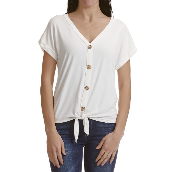 FEMME Women's Short-Sleeve Button Down Knot Front Knit Tee