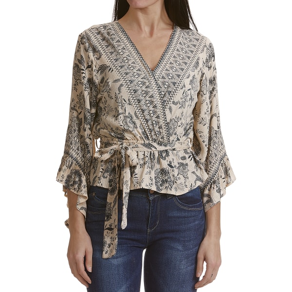 ANGIE Juniors' Long-Sleeve Wrap Floral Top