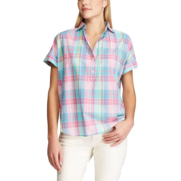 CHAPS Women's Short Sleeve Button Front Top