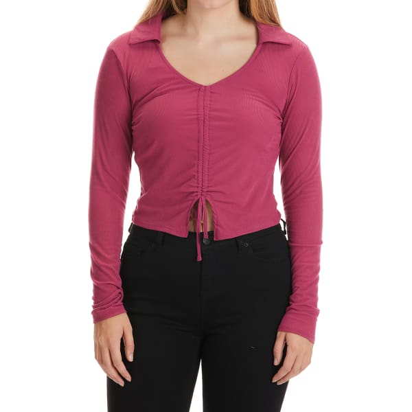 NO COMMENT Juniors' Ruched Front Long-Sleeve Top