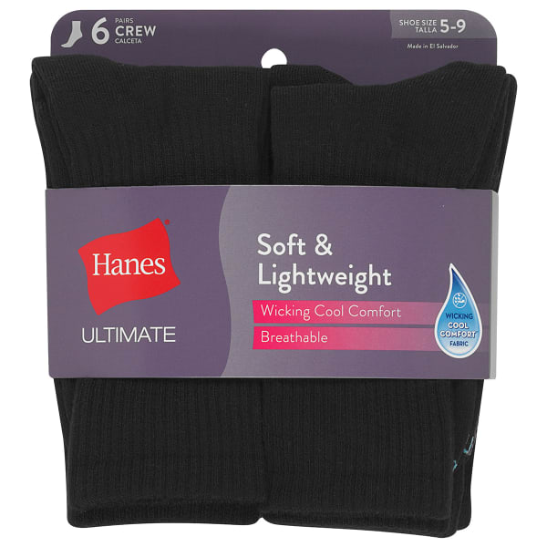 HANES Women's Ultimate Lightweight Breathable Wicking Cool Comfort Crew Socks, 6 Pack