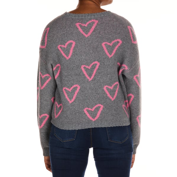 NO COMMENT Juniors' Heart Print Crew Sweater