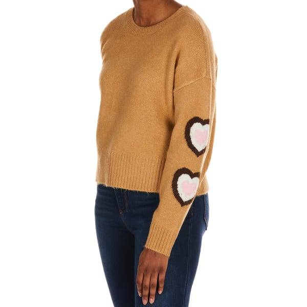 NO COMMENT Juniors' Heart Print Crew Sweater