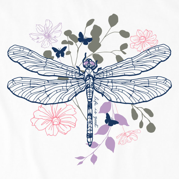 LIFE IS GOOD Women's Floral Backdrop Dragonfly Short-Sleeve Crusher Tee