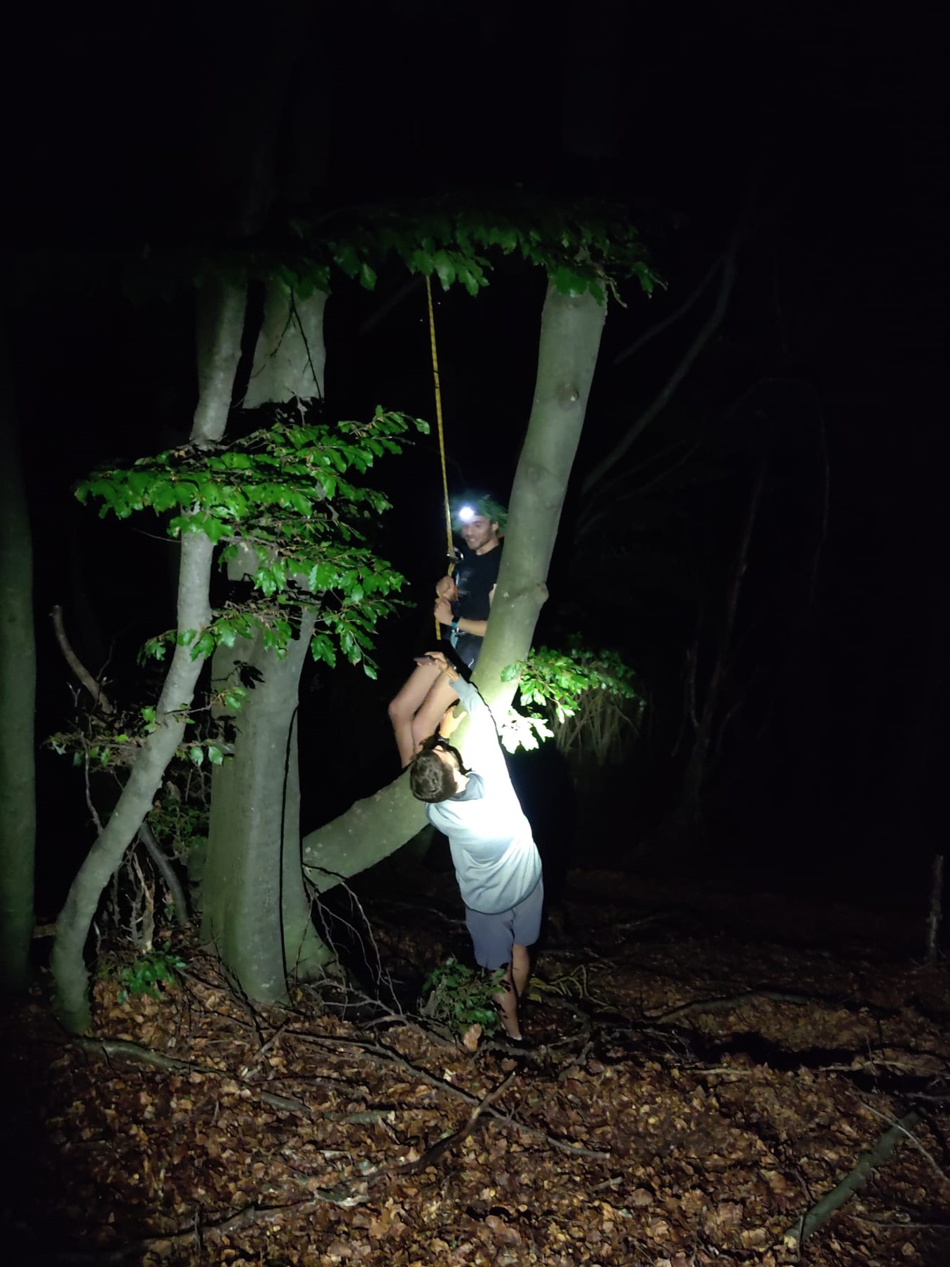 Night recovery of the rocket with ropes and flashlights