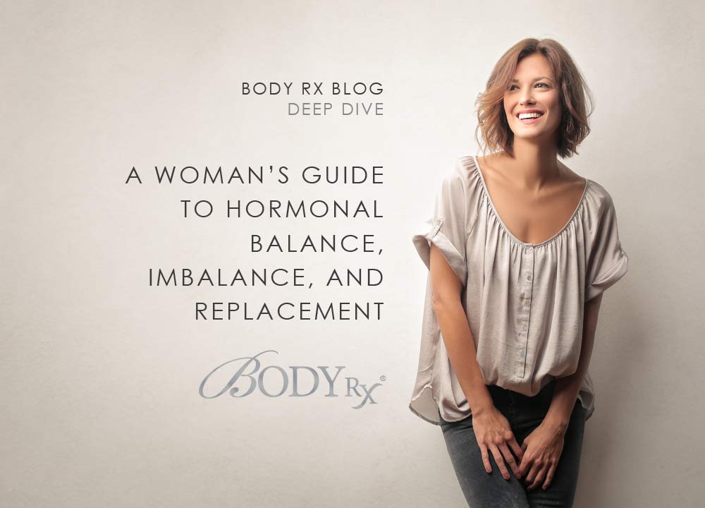 smiling middle aged woman next to text that reads a womans guid to hormonal balance and replacement