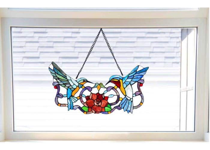 Stained Glass Hummingbird Floral Window Panel