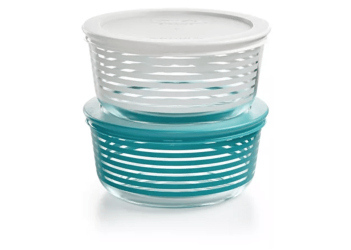 2 Pyrex 4-Cup Striped Glass Containers