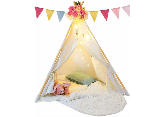 Kids Teepee Tent for Kids w/ Fairy Lights, Feathers & Waterproof Base