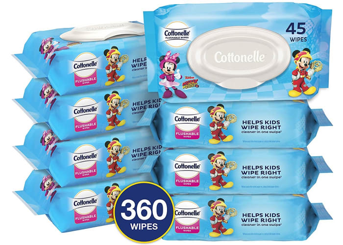 Cottonelle Flushable Toddler Wipes for Kids, 8 Flip-Top Packs (total 360-ct) 
