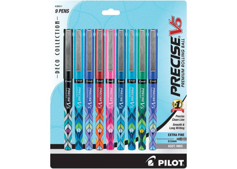 9-pk PILOT Precise V5 Stick Deco Collection Liquid Ink Rolling Ball Stick Pens, Extra Fine Point