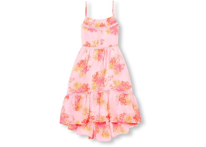 Girls Sleeveless Floral Print Crochet Trim Dress