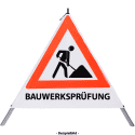 Faltsignal - Baustelle mit Text: BAUWERKSPRÜFUNG