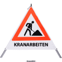 Faltsignal - Baustelle mit Text: KRANARBEITEN