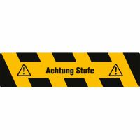 Antirutsch-Trittschutz mit gelb/schwarzer Warnmarkierung und Text