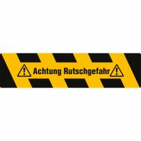 Antirutsch-Trittschutz mit gelb/schwarzer Warnmarkierung und Text
