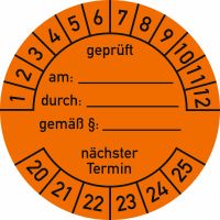 Prüfplaketten - geprüft am ... durch ... gemäß § ..., Jahr 2020 - 2025