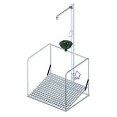 Notdusche mit Zugstange und Augendusche mit Auffangbecken und umliegendem Schutzkorb