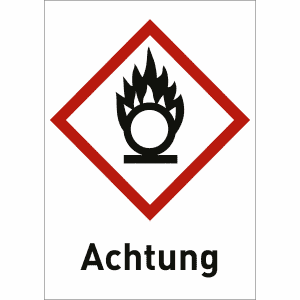 Flamme über Kreis mit Text: Achtung (GHS 03)