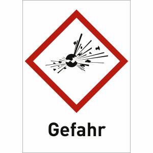 Explodierende Bombe mit Text: Gefahr (GHS 01)