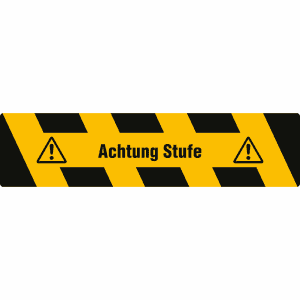 Antirutsch-Trittschutz mit gelb/schwarzer Warnmarkierung und Text