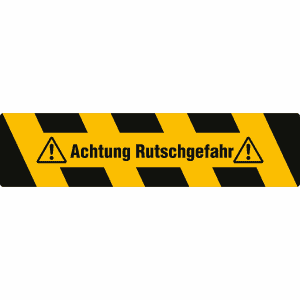 Antirutsch-Trittschutz mit gelb/schwarzer Warnmarkierung und Text