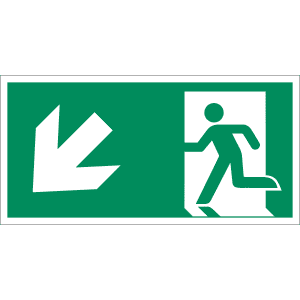 Rettungsweg links abwärts nach ISO 7010 (E 001), ISO 3864, ISO 16069