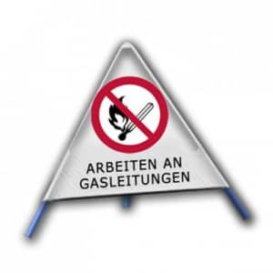 Faltsignal - Rauchen, offenes Licht und Feuer verboten mit Text: ARBEITEN AN GASLEITUNGEN