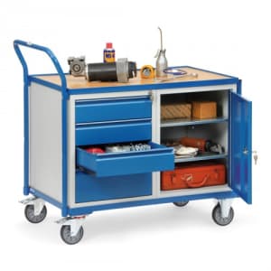 Leichter Werkstattwagen / Tischwagen mit 1-türigem Schrank und 4 Schubladen - Tragkraft 250 kg