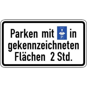 Parken mit Parkscheibe in gekennzeichneten Flächen 2 Stunden (Verkehrsschild Nr. 1040-33)