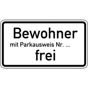 Zusatzzeichen VZ 1020-32 Bewohner mit Parkausweis Nr. ... frei Zusatzschild mit VZ 1020-32