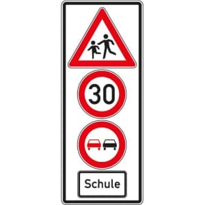 Hinweisschild Schule mit Geschwindigkeit & Überholverbot Hinweisschild Schule mit Geschwindigkeit & Überholverbot