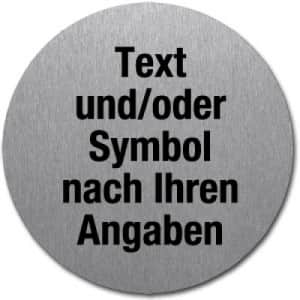 Edelstahlpiktogramm mit Text und Symbol nach ihren Angaben (rund)