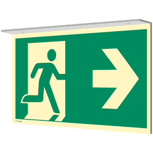 Fahnenschild Notausgang links/rechts nach DIN EN ISO 7010, E001 + E002 zur Deckenmontage