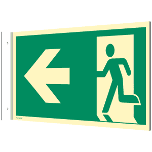 Fahnenschild Notausgang links/rechts nach DIN EN ISO 7010, E001 + E002 zur Wandmontage