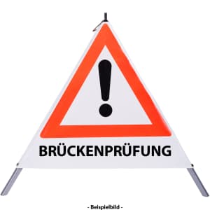 Faltsignal - Gefahrenstelle mit Text: BRÜCKENPRÜFUNG