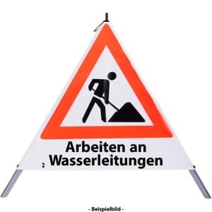 Faltsignal - Baustelle mit Text: Arbeiten an Wasserleitungen