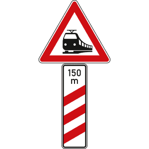 Bahnübergang mit dreistreifiger Bake mit Entfernungsangabe, Aufstellung rechts - Verkehrsschild VZ 156-11