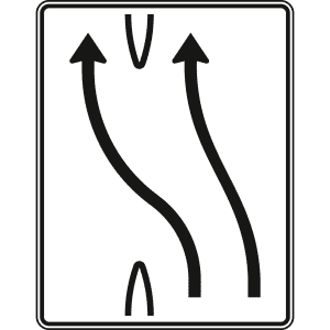 Überleitungstafel 2-streifig nach links, 1 Fahrstreifen übergeleitet - Verkehrszeichen VZ 501-13