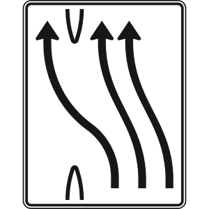 Überleitungstafel 3-streifig nach links, 1 Fahrstreifen übergeleitet - Verkehrszeichen VZ 501-14