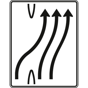 Überleitungstafel 3-streifig nach rechts, 1 Fahrstreifen übergeleitet - Verkehrszeichen VZ 501-24