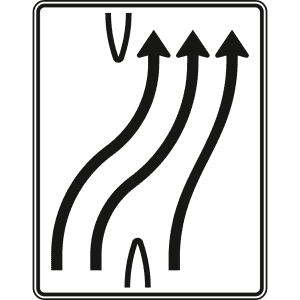 Überleitungstafel 3-streifig nach rechts, 2 Fahrstreifen übergeleitet - Verkehrszeichen VZ 501-25